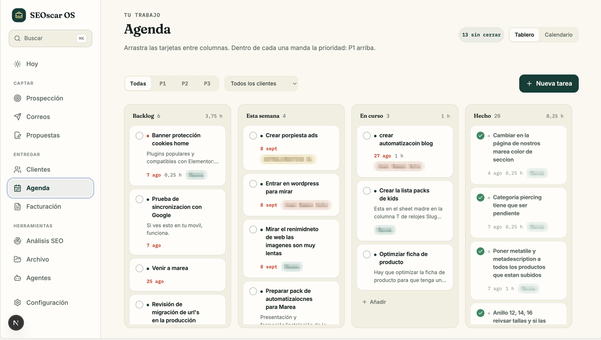 Tablero de agenda de SEOscar OS con tareas por columna