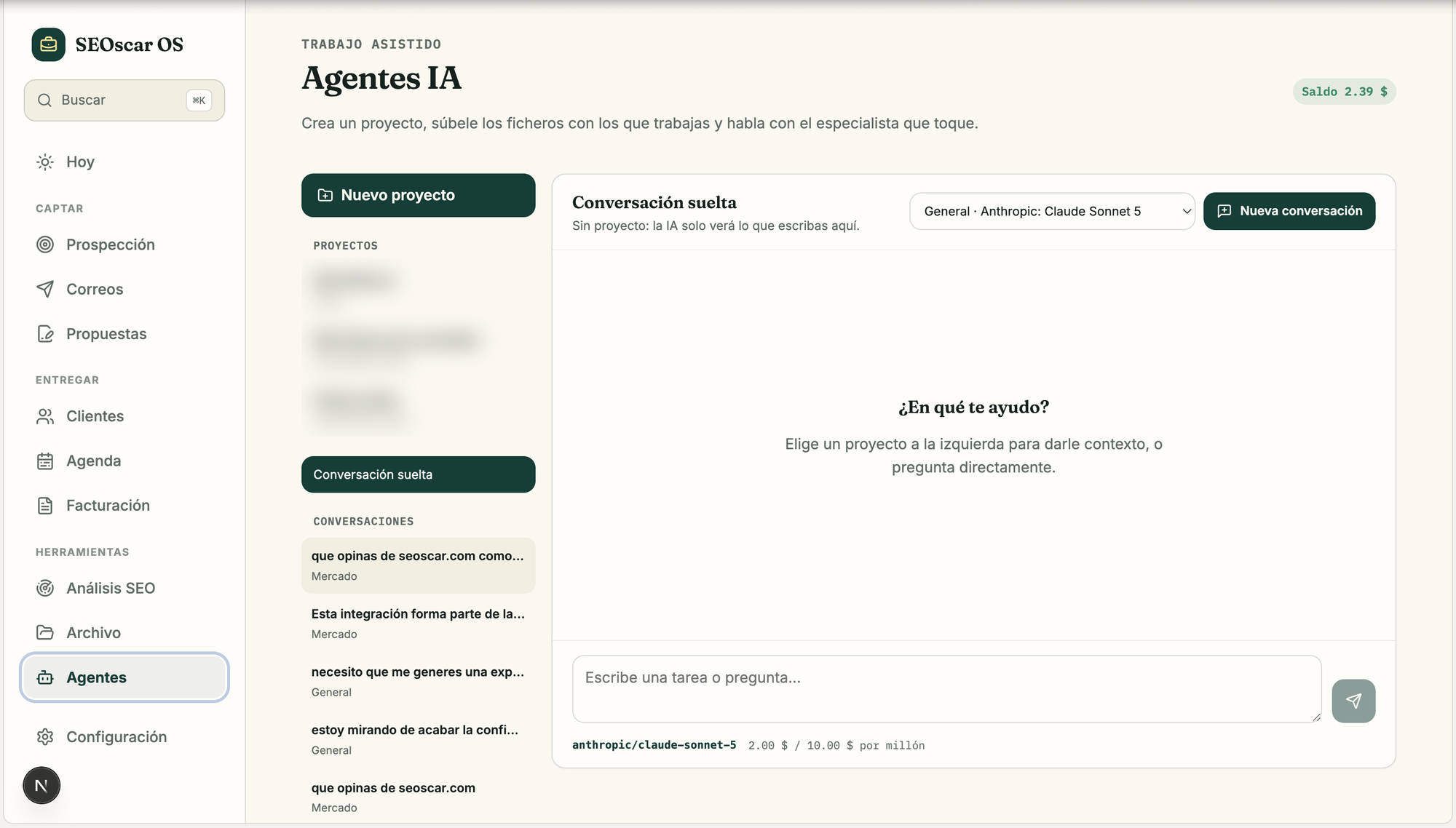Pantalla de agentes de IA de SEOscar OS