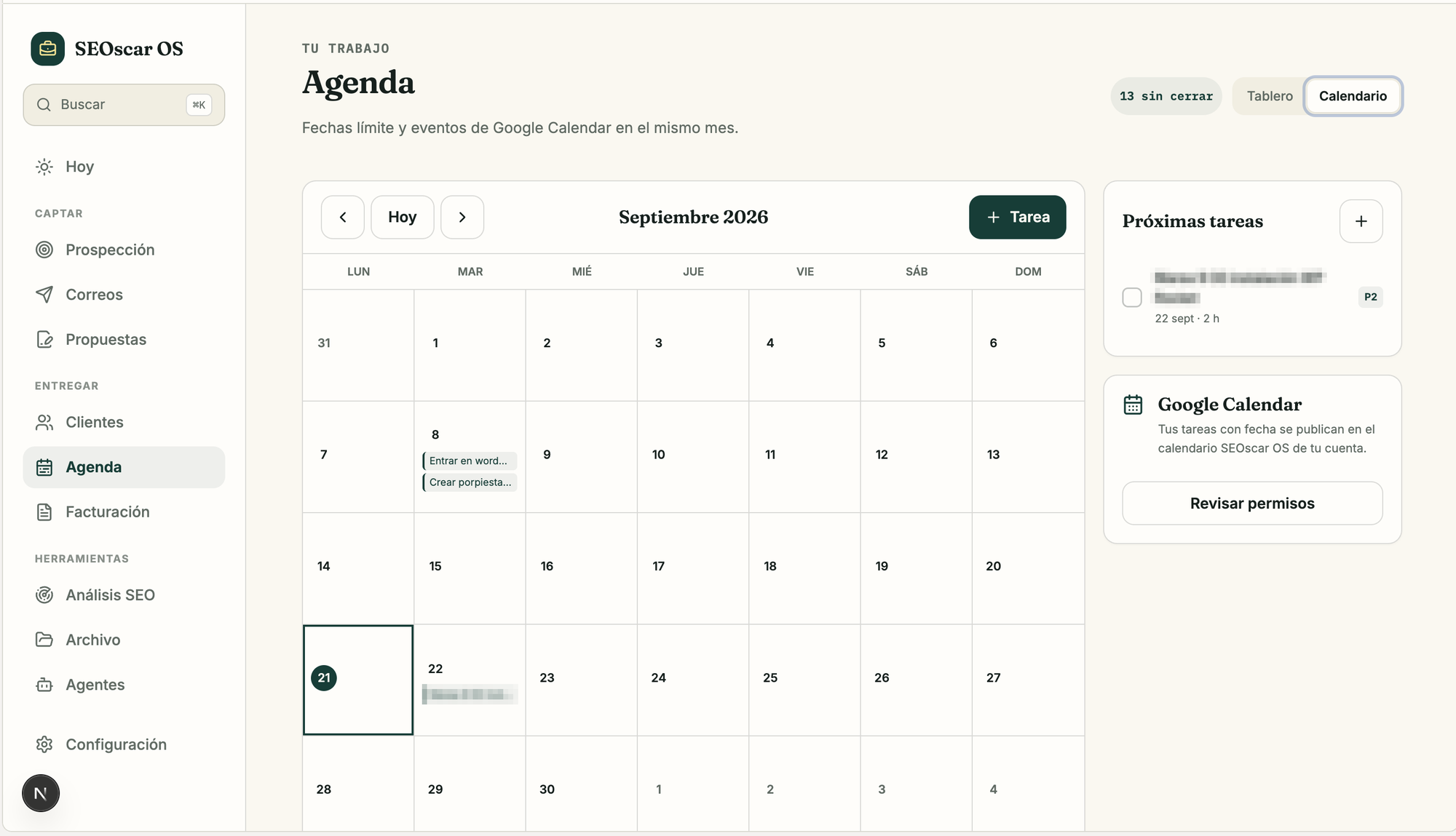 Vista de calendario de la agenda de SEOscar OS