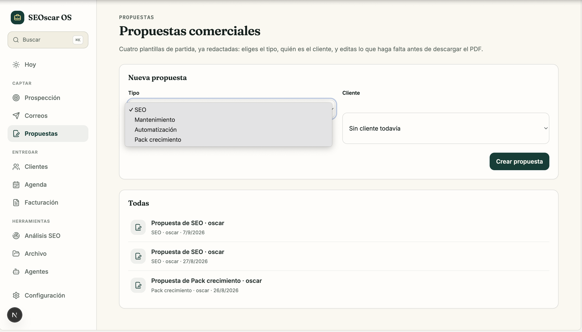 Pantalla de propuestas comerciales de SEOscar OS